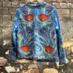 Womens Light Sky Blue Velvet Embroidered Jacket with Floral Design